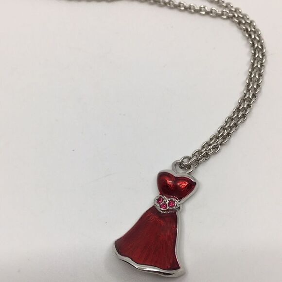 Swarovski Red Enamel Dress Pendant Silver Tone Necklace - Picture 9 of 16